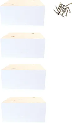 Four white wooden furniture feet and a pile of screws are arranged on a white background.