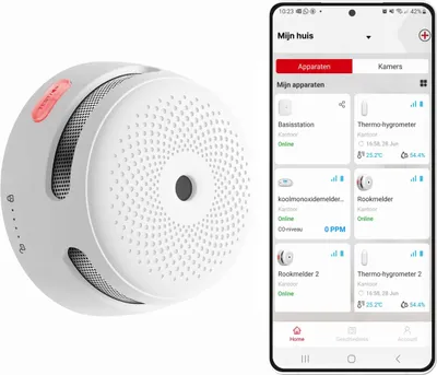 A smoke detector and a smartphone displaying a smart home app interface.