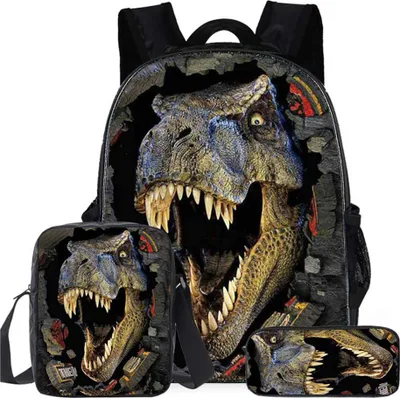 Produktbild von 3 Stück Kinder Schulrucksäcke Dinosaurier Print Schultasche Schultertasche  mit Lunchbag + Federmäppchen（16 Zoll,Schwarz）