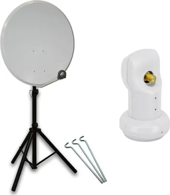 Produktbild von PremiumX mobile Camping SAT Anlage 45cm Hellgrau Satelliten-Schüssel Antenne Single LNB 4K Dreibein-Stativ