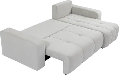 A light gray sofa bed is shown in an extended position, revealing its sleeping surface.