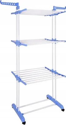 A three-tier clothes drying rack with blue accents and white drying lines, shown against a white background.