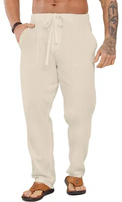 Produktbild von Lange Leinenhose mit Schnüren und Taschen Casual Sommer Khaki