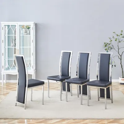 Produktbild von Schwarze Esszimmerstühle 4er Set elegante 109 cm hohe Polsterstühle aus Kunstleder moderne Küchenstühle mit silbernem Metallrahmen für Büro und Esszimme