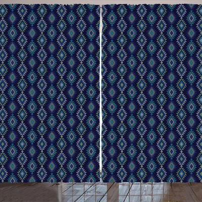 Zdjęcie produktu dla ARANDE Zasłona w stylu folkowym, abstrakcyjne tradycyjne wzory w stylu etnicznym, wzór boho, nadruk artystyczny, 280 x 175 cm, granatowy, wielokolorowy