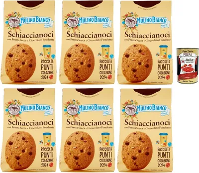 Produktbild von Mulino Bianco Schiaccianoci Biscotti con Frutta Secca e Cioccolato Fondente, Kekse mit getrockneten Früchten und dunkle Schokolade, biscuits cookies 6x 300g + Italian Gourmet polpa 400g