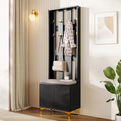 A hallway or entryway with a coat rack and bench set.