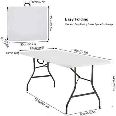 Image de Table d'extérieur - Table pliante pour camping - 180 x 76 x 74 cm - Plateau en plastique - Structure en métal - Poignée de transport - Pour 8 personnes - Blanche