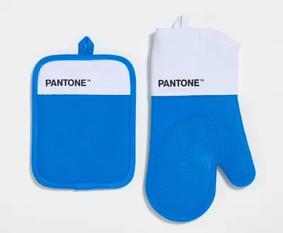 Küchenset: Ofenhandschuh + Topflappen, Baumwolle, Silikon, 250 °C, weiß/blau