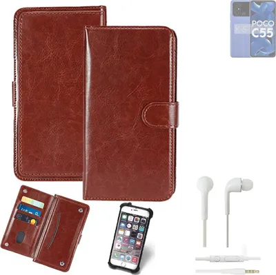 Produktbild von K-S-Trade 360° Hülle kompatibel mit POCO C55 inkl. Headphones braun Kunstleder Case BookCase WalletCase Kunstlederederhülle Handyhülle,