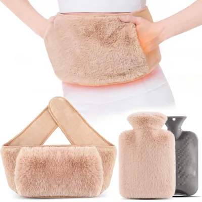 Produktbild von Wärmflaschengürtel 3-in-1, 1L Wärmflasche mit Plüschbezug & Klettverschluss, Bauchwärmer mit Handwärmtasche, Beige