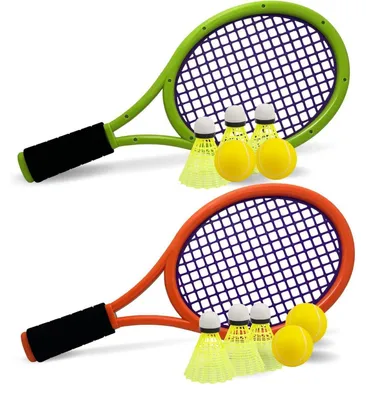 Image de Ensemble de raquettes de tennis Kinder, avec sac de transport, 4 balles en mousse, 6 balles à plumes, couleur orange foncé/vert foncé
