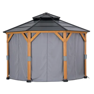 A front view of a hexagonal gazebo with gray curtains and a black roof.
