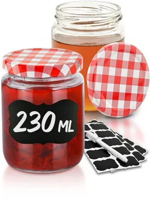 Produktbild von Praknu 25 Marmeladengläser 230 ml mit Deckel - Mit Etiketten & Stift - Luftdicht - Spülmaschinenfest - Ideal zum Verschenken