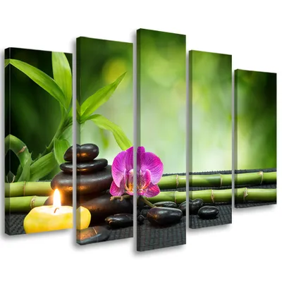 Produktbild von 5-teiliges leinwandbild orchideen-bambus-steine 100x70 cm Feeby grün wandbild bereit zum aufhängen