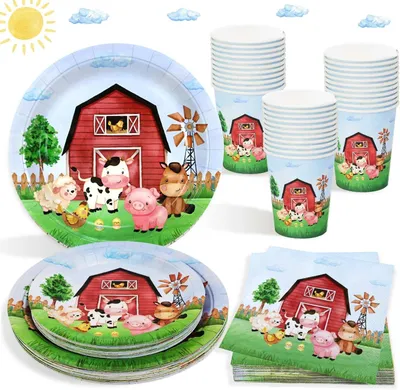 Productafbeelding van Boerderij Verjaardagsdecoratie - Set van 100 - Papieren borden - Kinderverjaardag - Papieren bekers