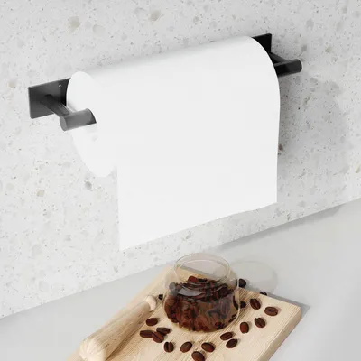 Produktbild von Schwarz Küchenrollenhalter ohne Bohren, Edelstahl Papierrollenhalter Selbstklebend Praktisch Rollenhalter unter dem Schrank, Doppelsäulenstütze Rotationsdesign