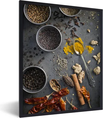 Produktbild von MuchoWow® MuchoWow® Gerahmtes Poster Kräuter auf grauem Hintergrund 30x40 cm - Poster mit zchwarzem Bilderrahmen - Wanddeko - Kunstdrucke