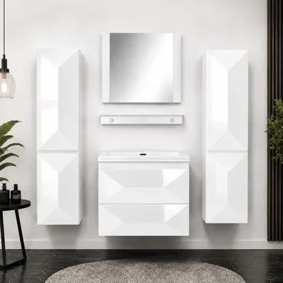 Produktbild von Faizee Home Miran Badmöbel-Set 60 oder 90 cm Weiß Hochglanz mit Keramik-Waschbecken, Spiegel und Soft-Close, 0–2 Seitenschränke 2 Seitenschränke 60 cm, KI-generiertes Bild
