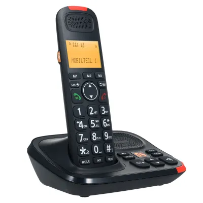 A cordless phone and its charging base are shown against a white background.