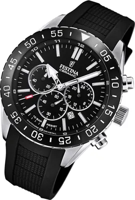 A close-up, angled shot of a black Festina watch with a black rubber strap, set against a white background.