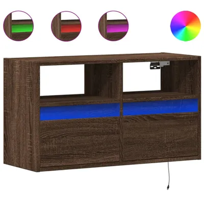 Image de vidaXL Armoire TV murale avec éclairage LED brun aspect chêne 80x31x45cm