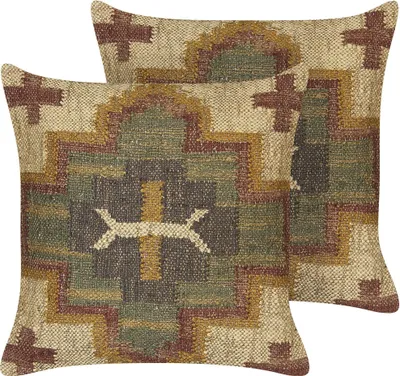 Produktbild von BELIANI Dekokissen 2er Set Mehrfarbig Jute u. Wolle 45x45 cm Quadratisch mit Polyester-Füllung Muster Orientalisch Geometrisch für Wohnzimmer Deko