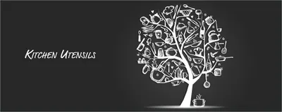 Produktbild von Wallario selbstklebendes Poster - Kitchen Utensils - Baum aus Küchenutensilien in schwarz weiß, Größe: 80 x 200 cm