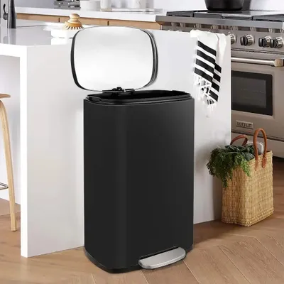 Obrázok produktu pre Kôš na kuchynský odpad – pedálový kôš 50 litrov – nerezová oceľ – obdĺžnikový tvar – s pedálom – s otočným vekom – čierna farba