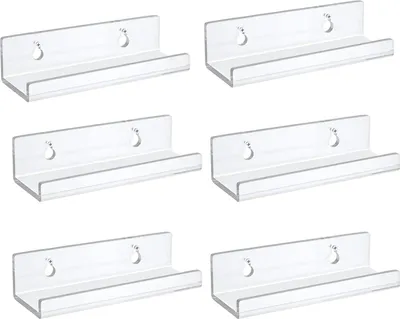 Six clear acrylic shelves are arranged in a grid against a white background.