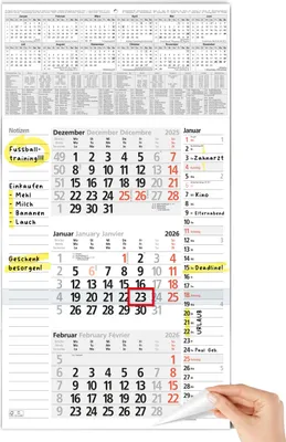 Produktbild von 3 Monatskalender 2026 Wandkalender mit Schieber - "Notizfeld & Platz für Termine" Kalender 2026 Wandkalender |, mit Schulferien, Feiertagen & Jahresübersicht | Großformat 30x56 cm (gefalzt!)