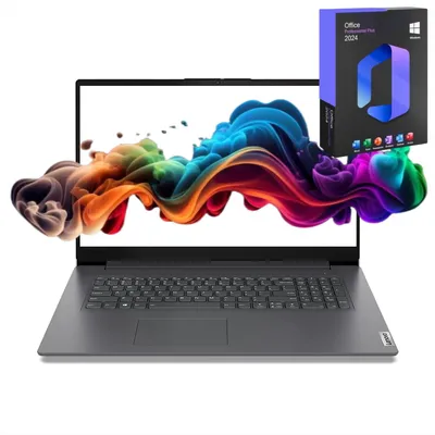 A laptop with a colorful abstract design on the screen, and a box of Microsoft Office software next to it.
