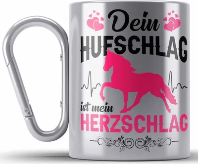 Produktbild von Trendation - Reiterin Edelstahl Tasse Karabiner - Dein Hufschlag ist mein Herzschlag - Pferde Edelstahl Tasse Karabiner Karabiner Edelstahl Tasse Karabiner Edelstahl Mädchen Geschenk Pferdeliebhaber Sprüche Reiten (Silber)
