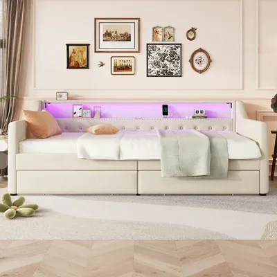 Produktbild von okwish Schlafsofa Daybett 90x200cm Ambientelicht mit Fernbedienung und Schubladen, Tagesbet Jugendbett mit Lattenrost und USB,(Ohne Matratze)-Beige