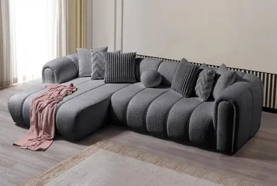 Produktbild von Hanah Home, Ecksofa Dunkelgrau, 265 x 185 cm, 7 Kissen, 100% Polyester, Pflegeleicht, Tragfähigkeit 240 kg, 30 DNS-Schaum, Modernes Design für Ihr Zuhause.