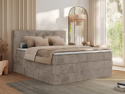Produktbild von MKS MEBLE Łóżko kontynentalne TILIANO KING 180x200 podwójne do sypialni, sztruksowa tkanina, z dwoma materacami Multipocket, dwa pojemniki na pościel - H3 - Jasnobrązowy, sztruks