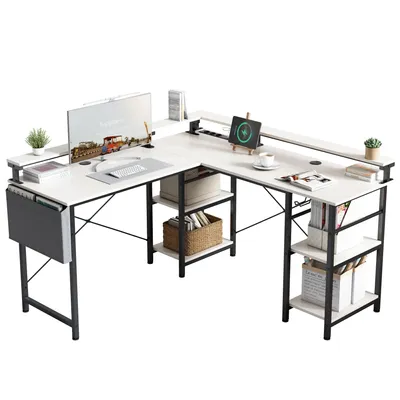 An L-shaped white desk with black metal legs, featuring shelves, a monitor, a tablet, and office supplies.