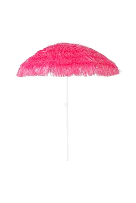 A pink fringed beach umbrella on a white background.
