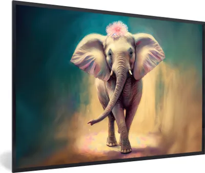 Produktbild von MuchoWow® Gerahmtes Poster Elefant - Tiere - Malen - Blumen - Porträt 60x40 cm - Poster mit Schwarzem Bilderrahmen Wandposter Rahmen Foto Bilder - Printing - Wanddeko Schlafzimmer