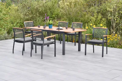 Produktbild von Merxx Gartenmöbel Set Tilos 13tlg., 6 Stapelsessel inkl. Kissen, Ausziehtisch 150 (200) x 90 cm- Aluminium/Akazie