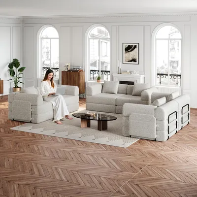 Produktbild von Chenille-Schlafsofa 2-in-1 Staufach Armlehne drei Metallrahmen mehrere Konfigurationen Schlaffunktion Khaki
