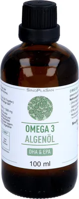 A bottle of Omega-3 Algenöl (Algae Oil) with a label detailing its contents and brand.