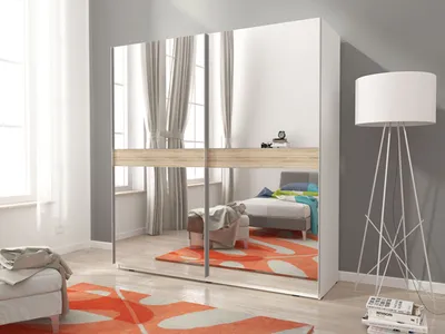Immagine prodotto di Armadio ad ante scorrevoli Armadio per camera da letto Specchio bianco rovere sonoma 150x63x214cm