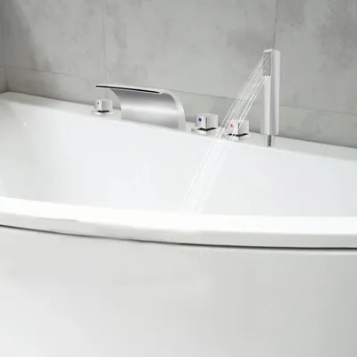 Immagine prodotto di Rubinetto per lavabo - Rubinetto a cascata - Con doccetta - Montaggio a parete - Acciaio inossidabile - Soffione doccia 24 cm - Bocca 18 cm - Bianco