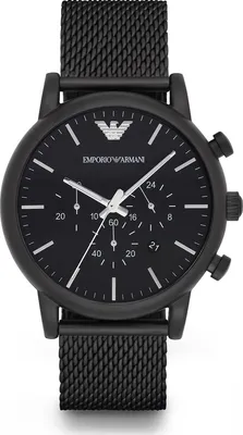 A close-up, front-facing studio shot of a black Emporio Armani watch.