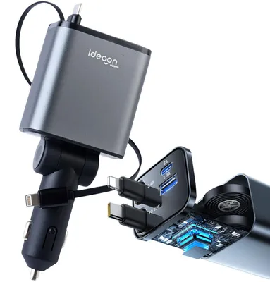 Produktbild von 4in1 KFZ-Ladegerät 69W - PD 3.0 Schnellladen - Aufrollbares USB-C & Lightning Kabel 80cm - 2 Zusatz-Ports - 12V-24V Aluminium-Gehäuse