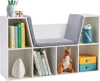 Produktbild von HOMCOM Kinderregal Bücherregal mit Sitzhocker Kindersitzbank mit 6 Fächern Sitztruhe mit 3 Kissen Spielzeugkiste ab 3 Jahren Weiß+Grau 103 x 30 x 62 cm