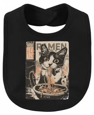 Zdjęcie produktu dla Śliniak dla dziecka z motywem "Ramen Katze" (japońskie kotki z makaronem ramen), japoński styl, motyw jedzenia, anime, słodki, retro, kotek, dla niemowląt, czarny kolor, uniwersalny rozmiar