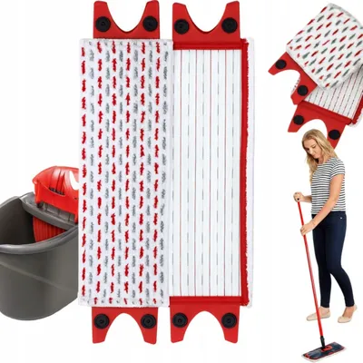 A collage showing a mop head, mop pads, a mop bucket, and a woman using a mop.