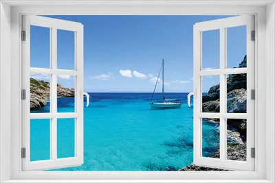 Produktbild von Wallario selbstklebendes Poster mit Fenster-Illusion - Segelboot in der Bucht, Größe: 61 x 91,50 cm